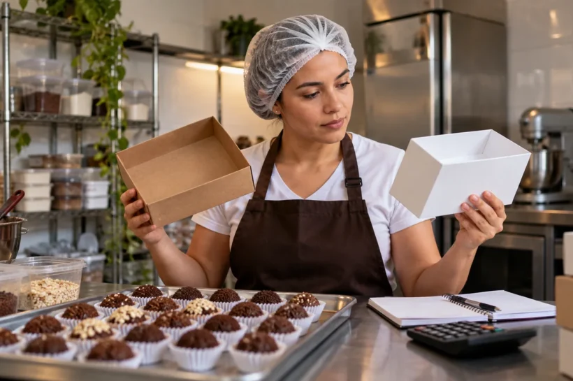 Mulher com avental e touca observa caixas para doces numa bancada.