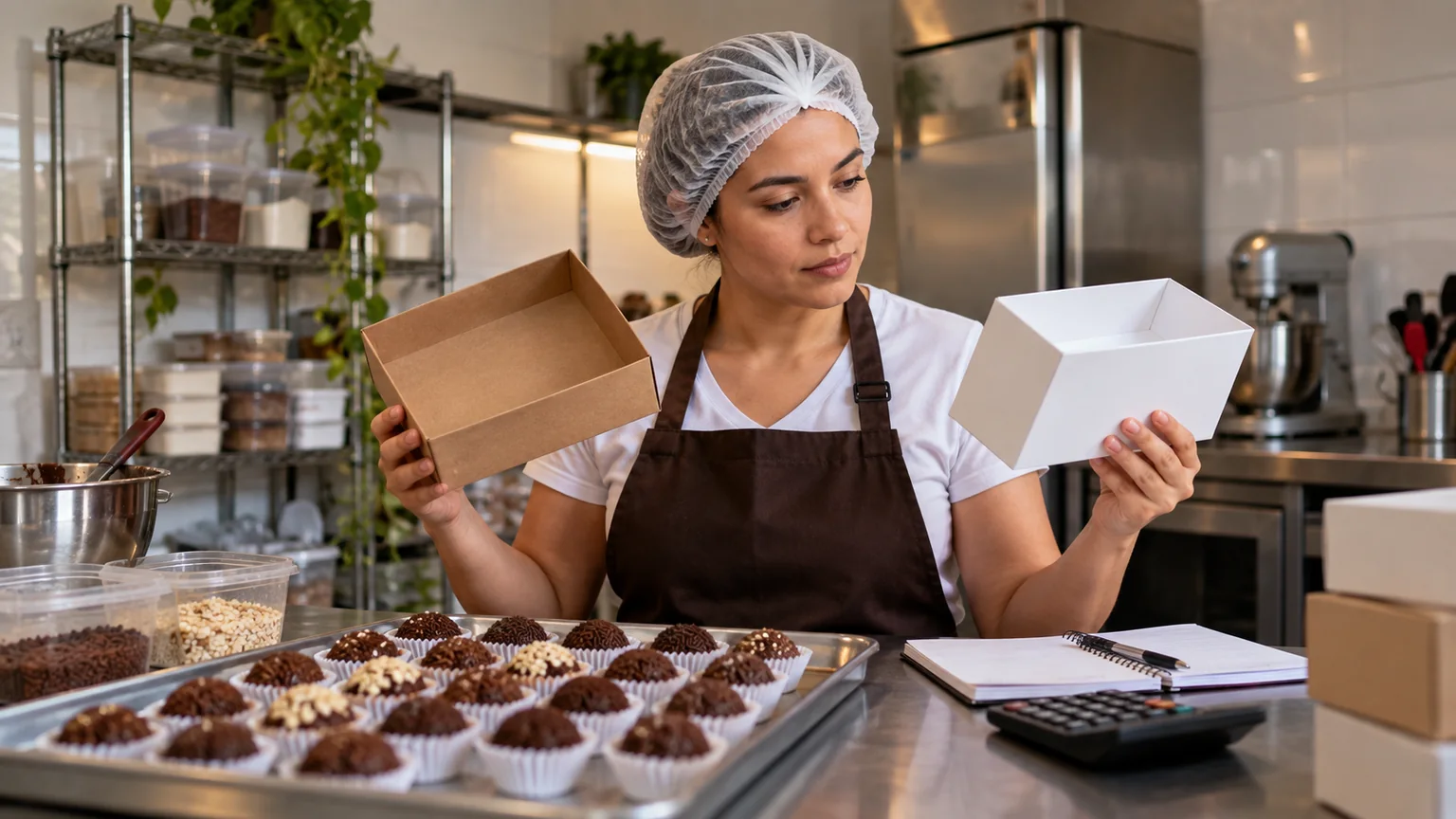 Mulher com avental e touca observa caixas para doces numa bancada.