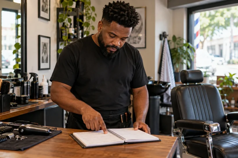 Profissional de barbearia consulta as anotações da agenda no balcão.