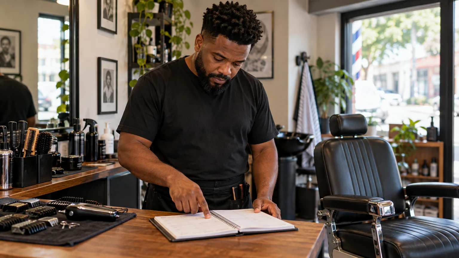Profissional de barbearia consulta as anotações da agenda no balcão.