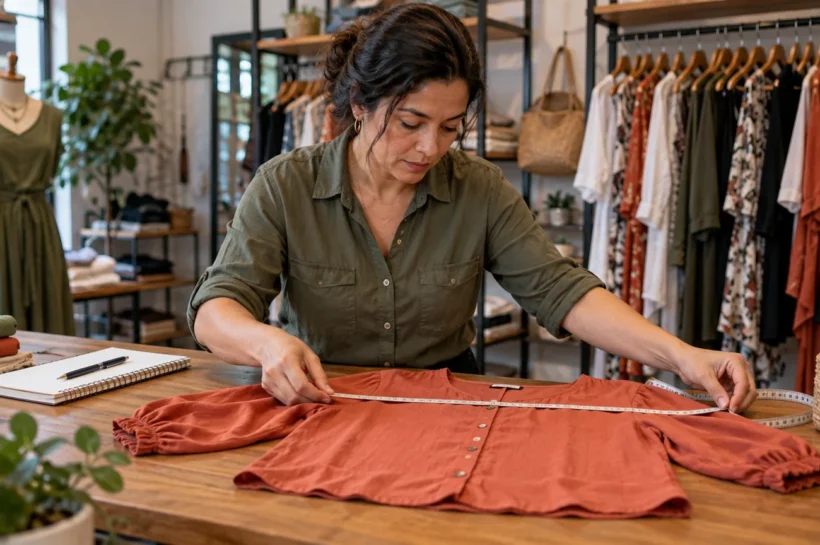 Mulher confere as medidas de uma roupa aberta sobre a mesa.
