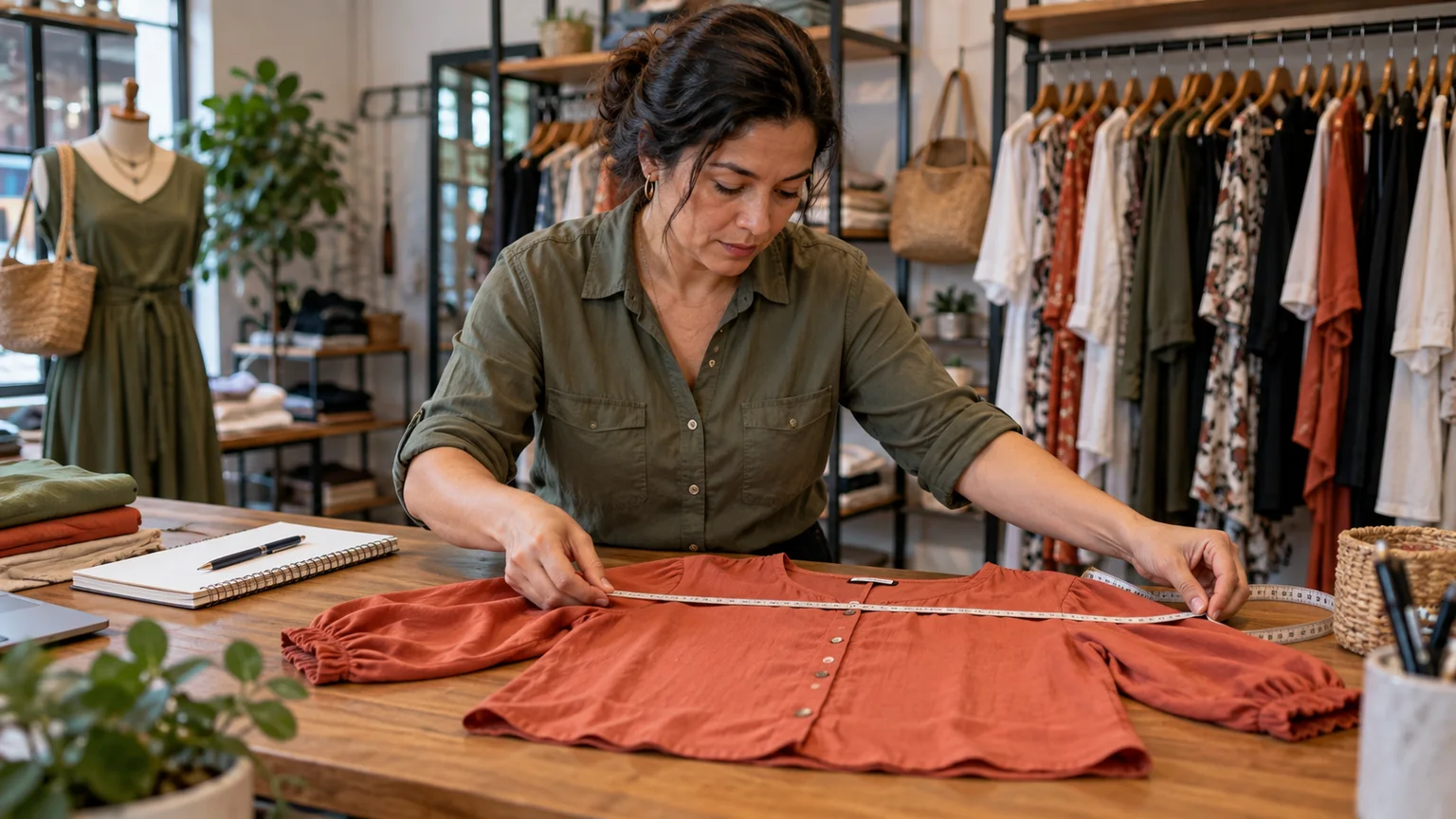 Mulher confere as medidas de uma roupa aberta sobre a mesa.