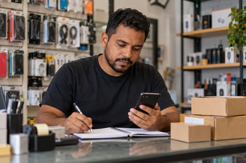 Homem usa o celular para conferir pedidos numa pequena loja.