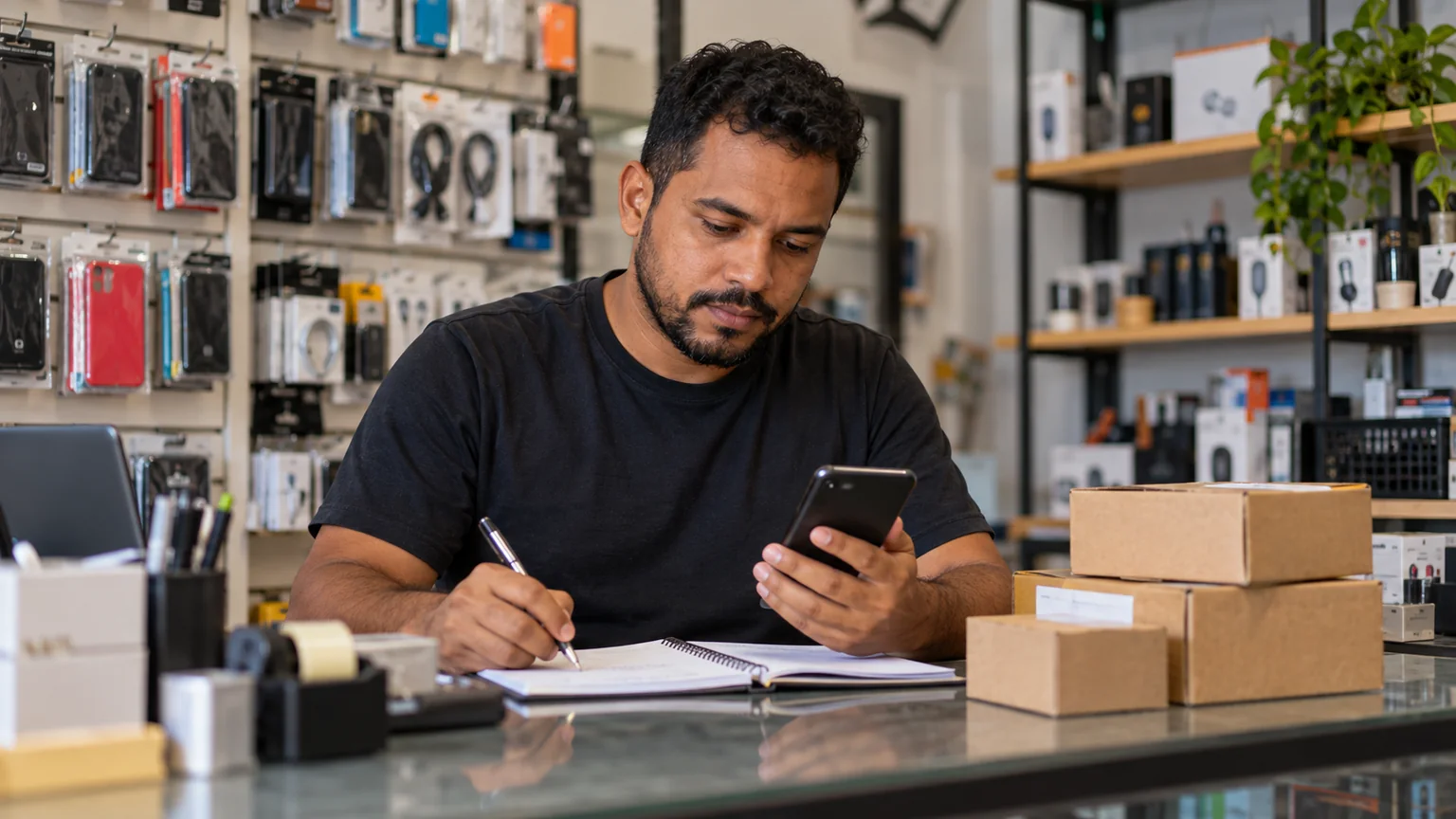 Homem usa o celular para conferir pedidos numa pequena loja.