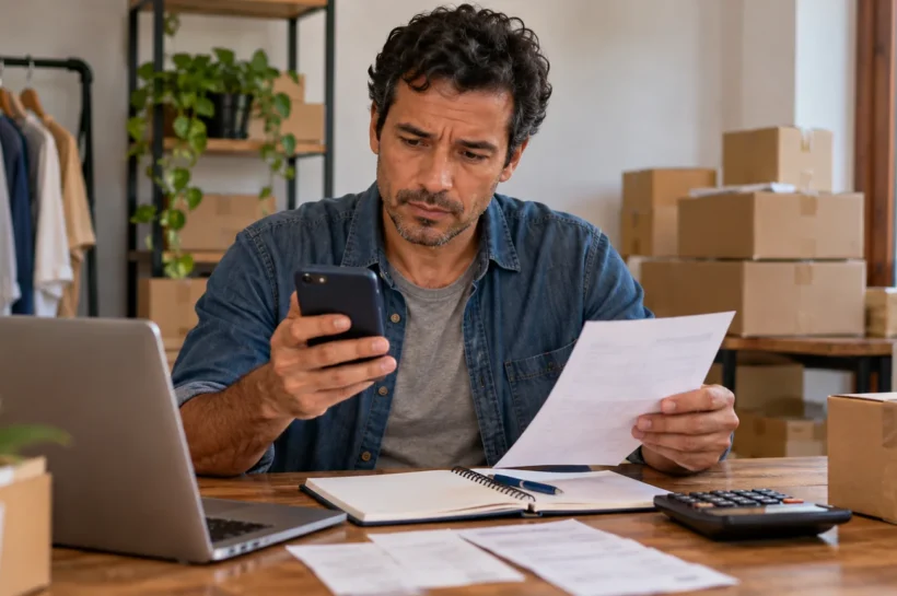Homem confere uma folha de cobrança e o celular na mesa de trabalho.