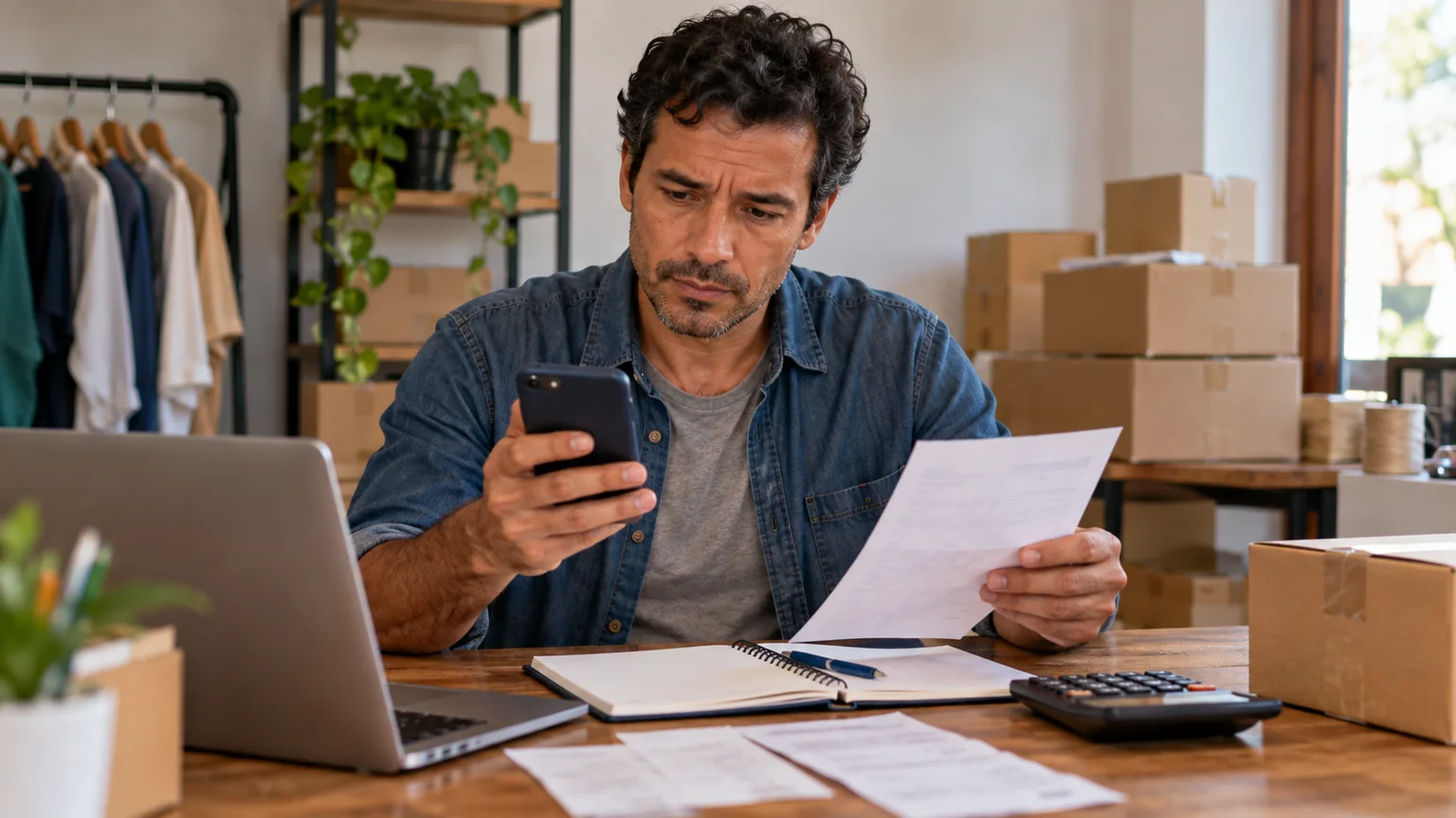 Homem confere uma folha de cobrança e o celular na mesa de trabalho.