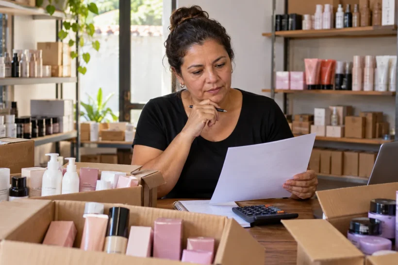 Mulher observa anotações e mercadorias de beleza sobre a mesa.