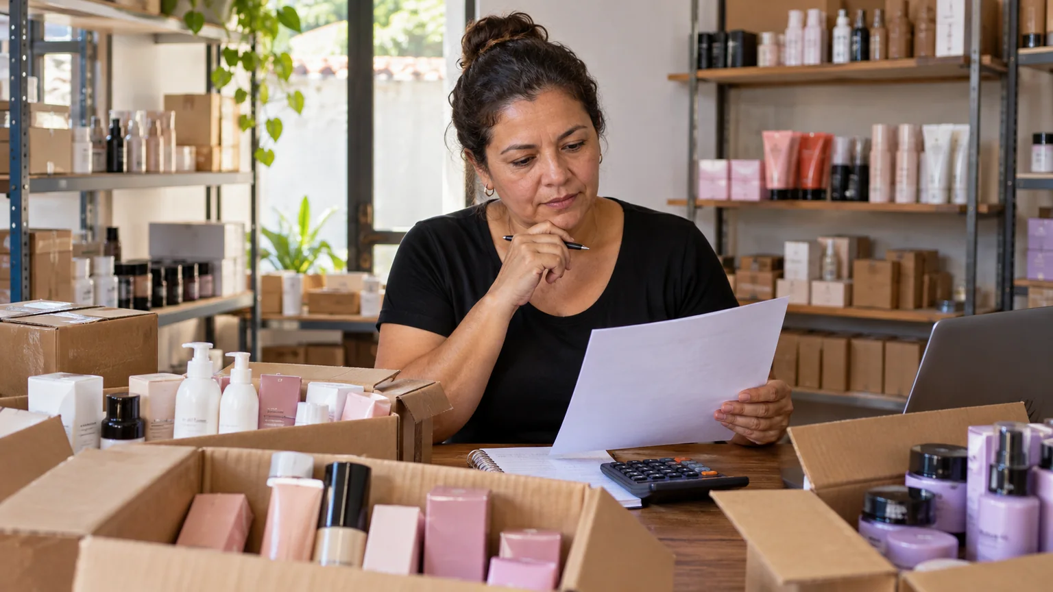 Mulher observa anotações e mercadorias de beleza sobre a mesa.