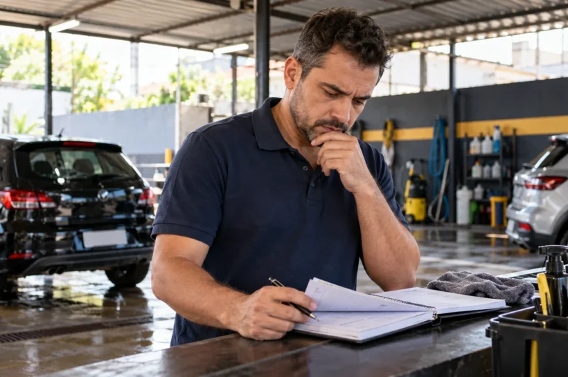 Homem observa um caderno numa área de lavagem com dois carros ao fundo.