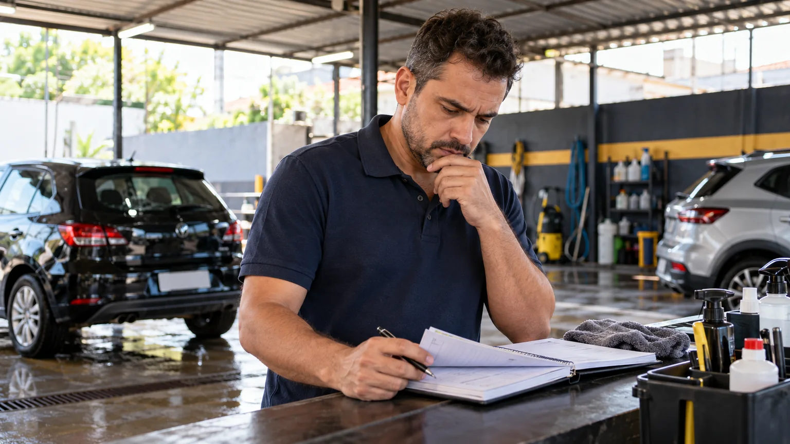 Homem observa um caderno numa área de lavagem com dois carros ao fundo.