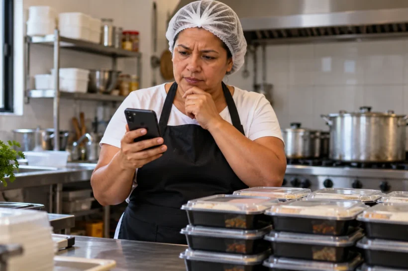 Mulher de touca e avental confere mensagens numa cozinha com marmitas fechadas.