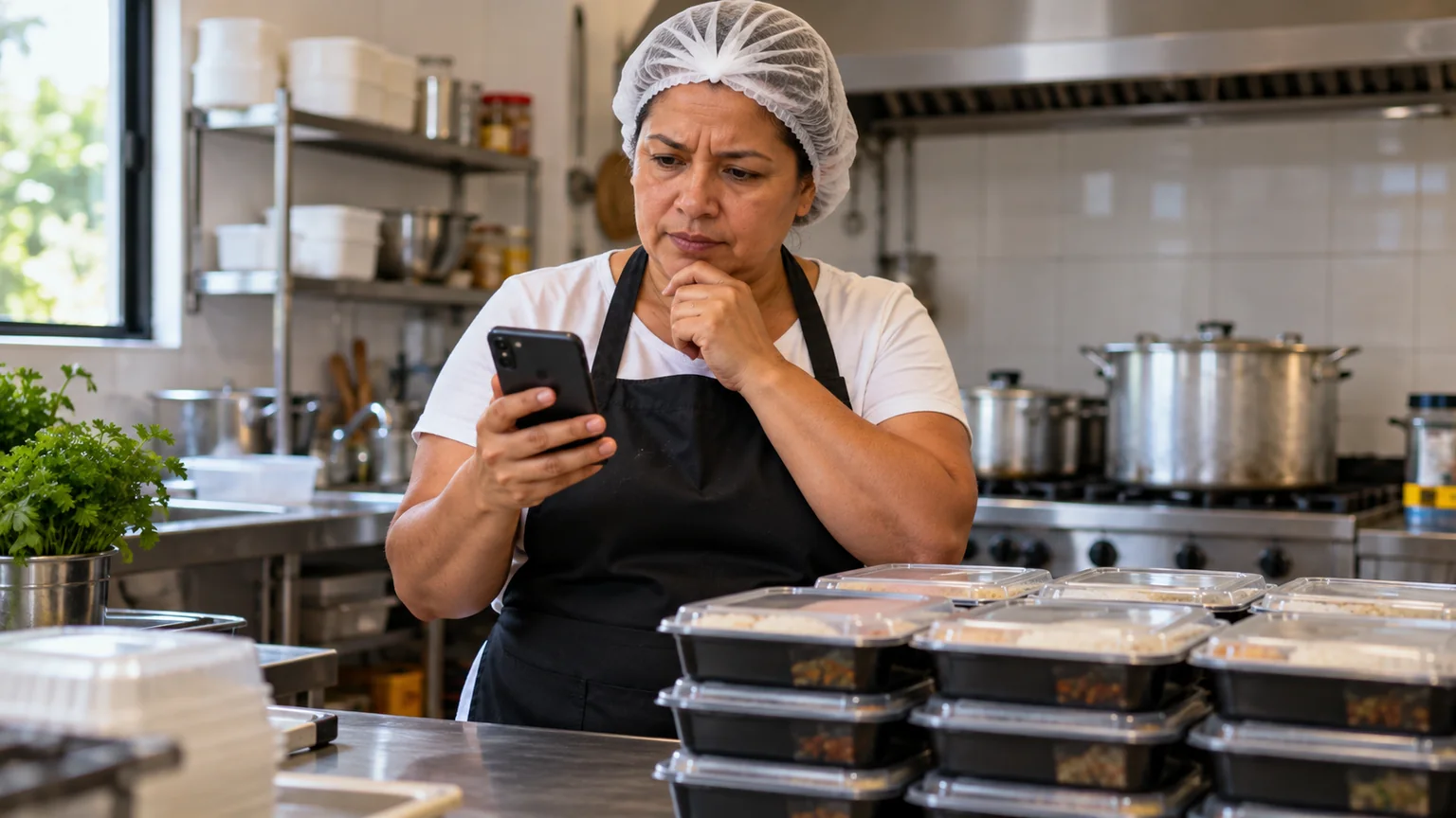Mulher de touca e avental confere mensagens numa cozinha com marmitas fechadas.