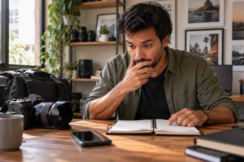 Homem olha uma agenda sobre a mesa com câmera fotográfica e celular.