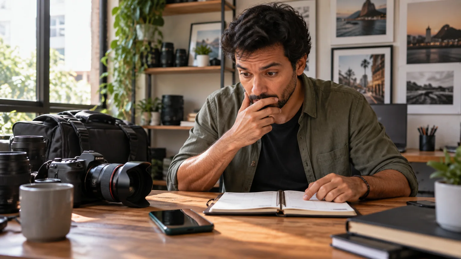 Homem olha uma agenda sobre a mesa com câmera fotográfica e celular.
