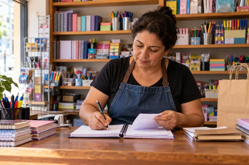 Mulher confere papéis num balcão de papelaria com sacolas e cadernos.