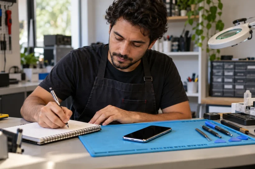 Homem faz anotações ao lado de um celular numa bancada de manutenção.
