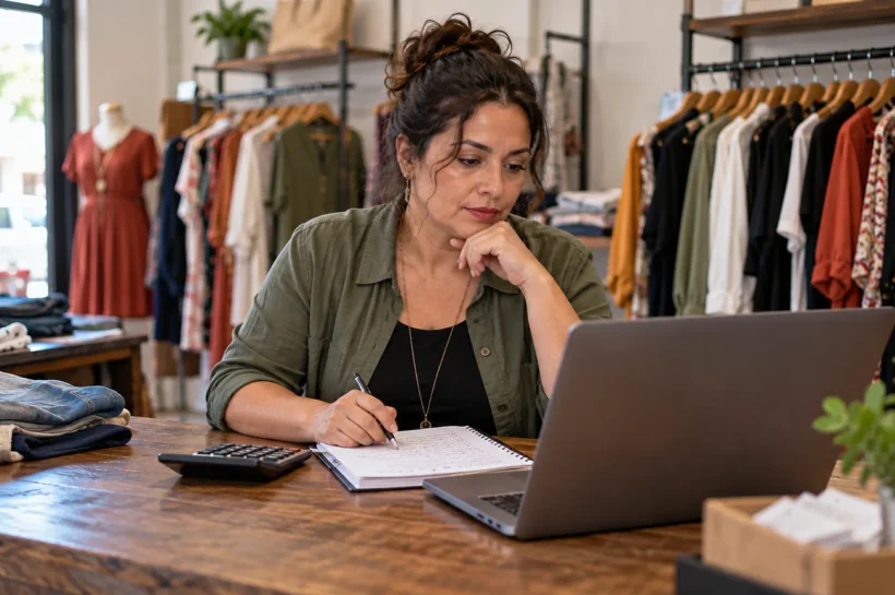 Mulher consulta um notebook numa loja de roupas com papéis e calculadora.