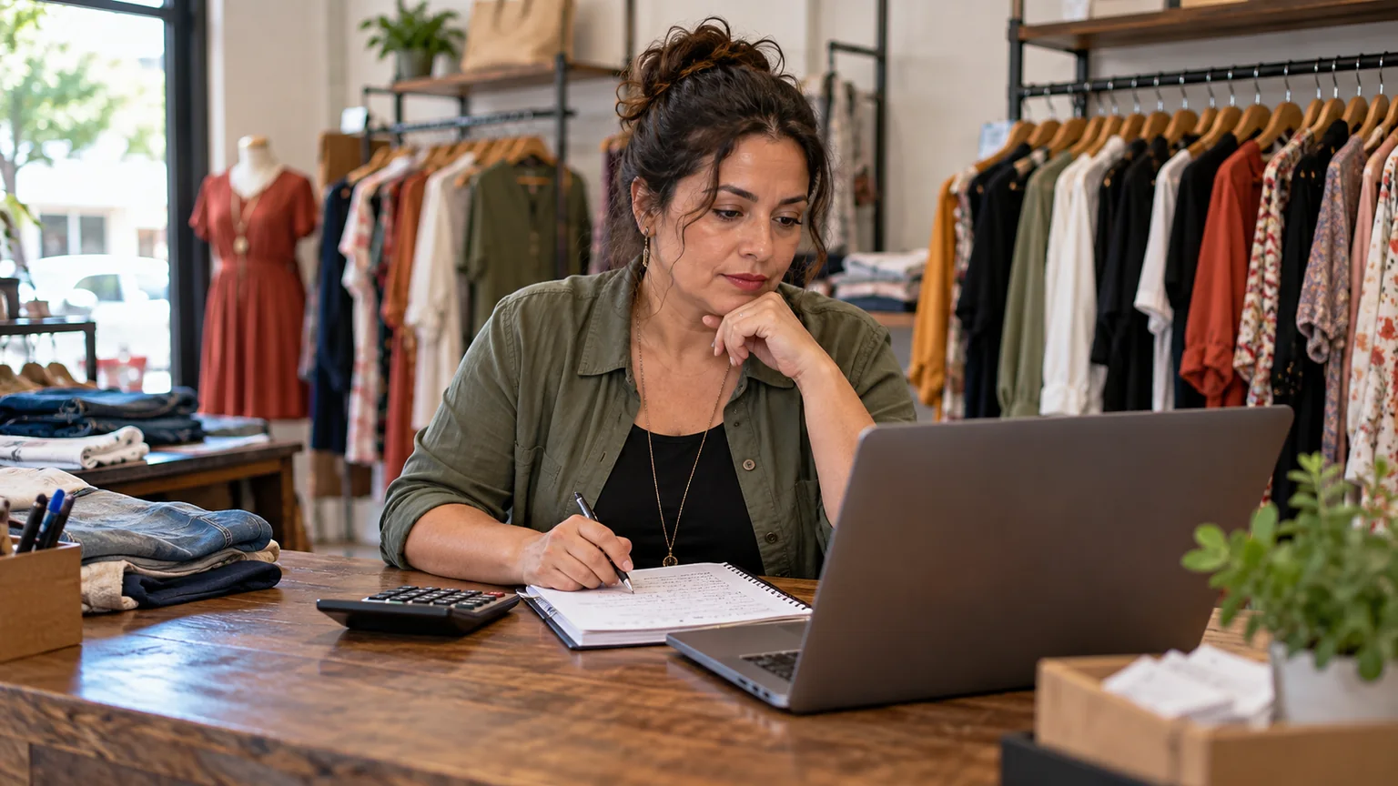 Mulher consulta um notebook numa loja de roupas com papéis e calculadora.