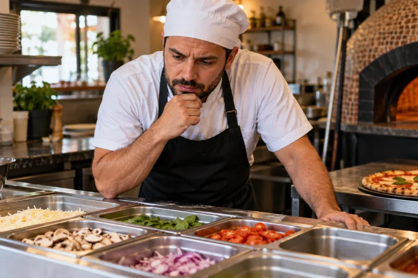 Homem de avental e touca observa recipientes com ingredientes numa pizzaria.