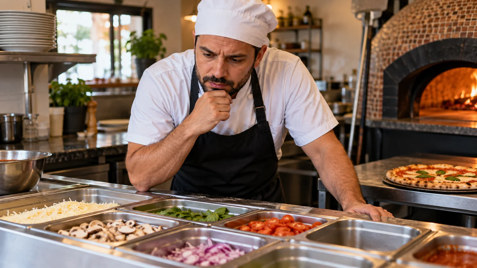 Homem de avental e touca observa recipientes com ingredientes numa pizzaria.