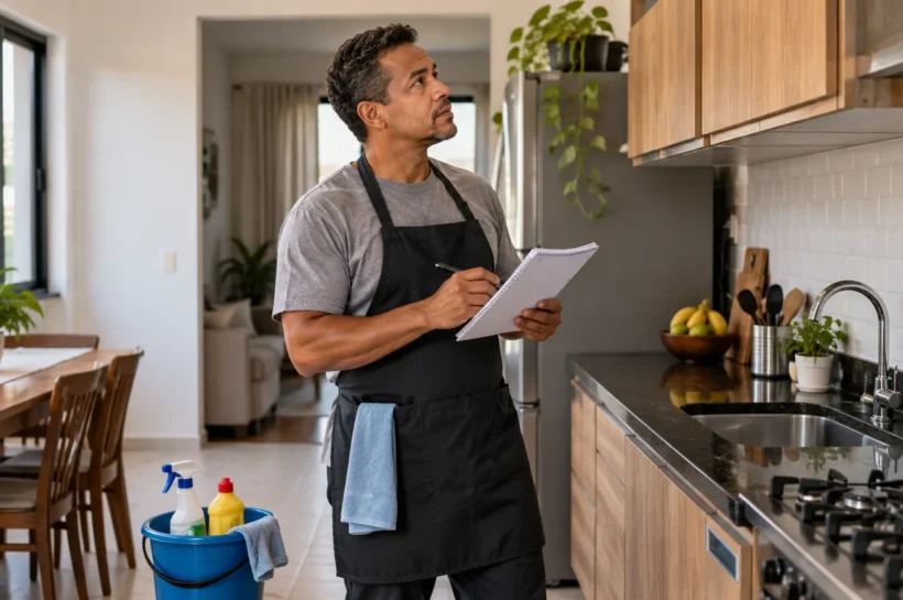 Homem observa um caderno na cozinha com materiais de limpeza fechados ao lado.