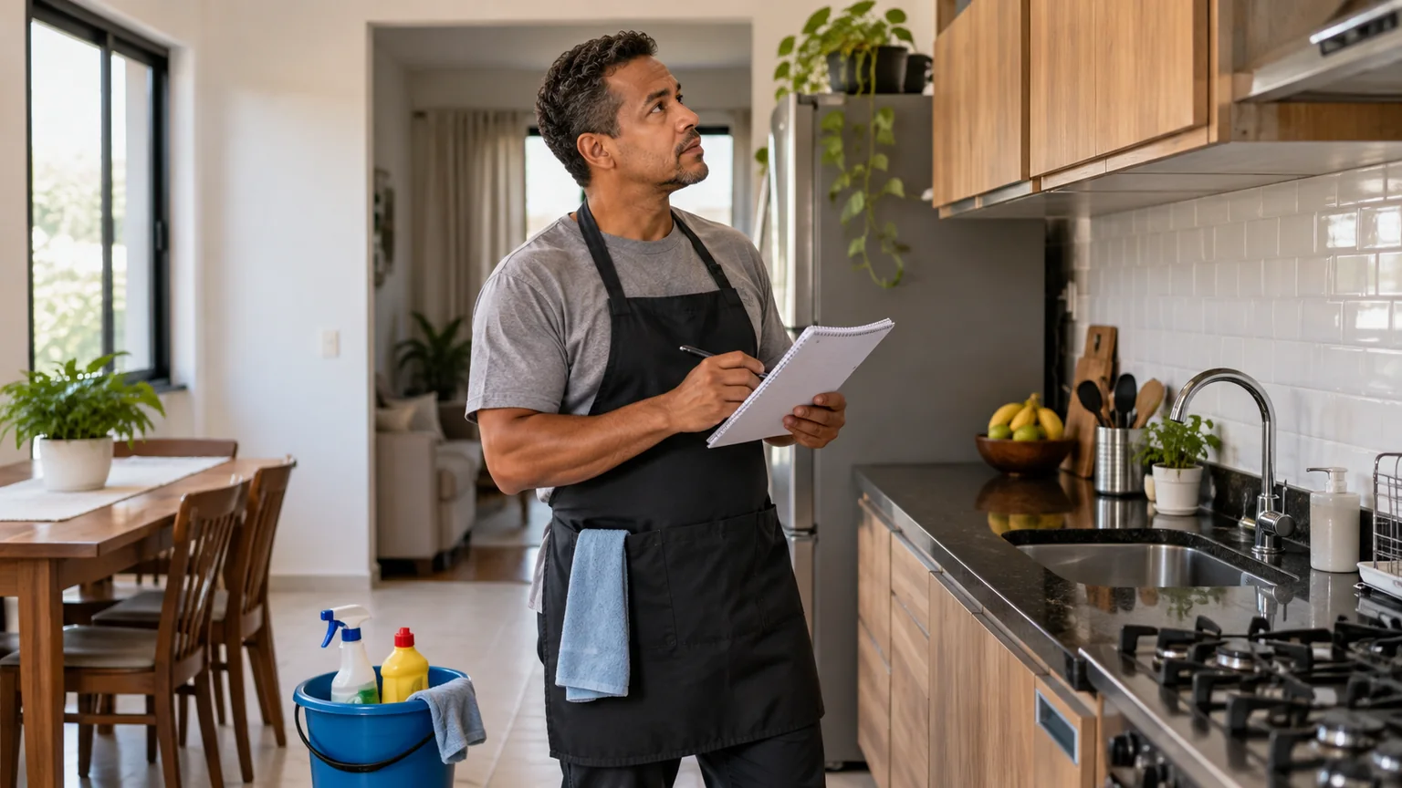 Homem observa um caderno na cozinha com materiais de limpeza fechados ao lado.