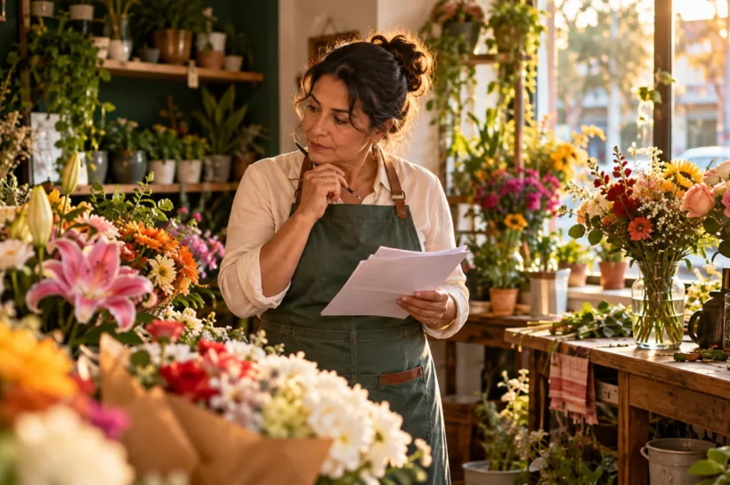 Mulher olha anotações numa floricultura com arranjos florais sobre as bancadas.
