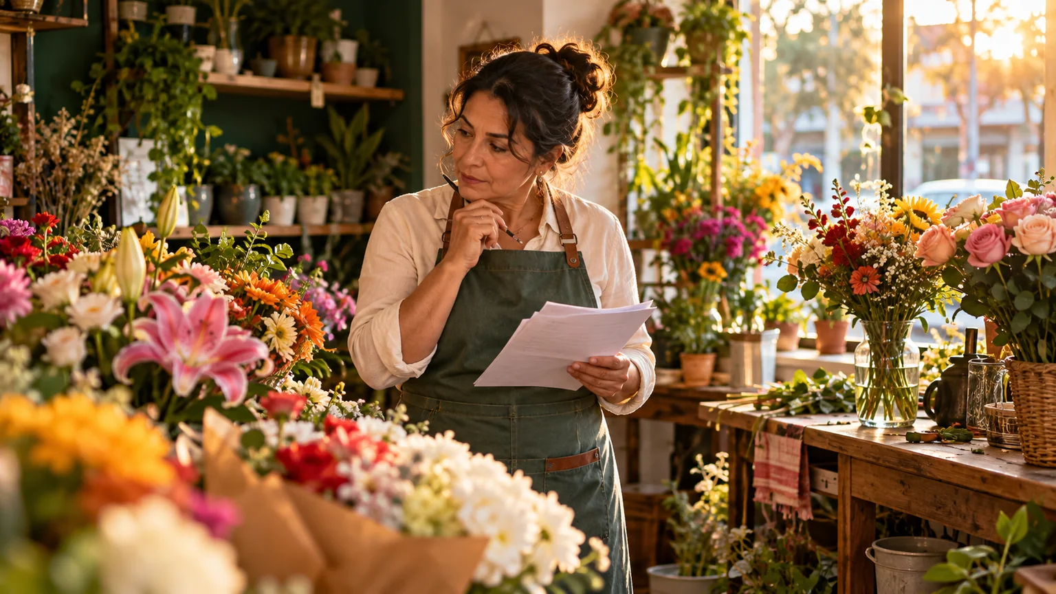 Mulher olha anotações numa floricultura com arranjos florais sobre as bancadas.