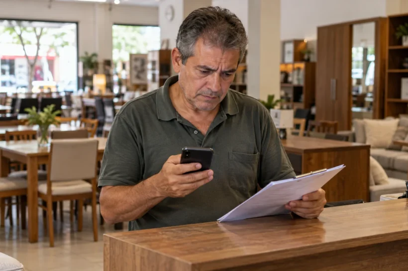 Homem com cabelo grisalho confere celular e papéis numa loja de móveis.