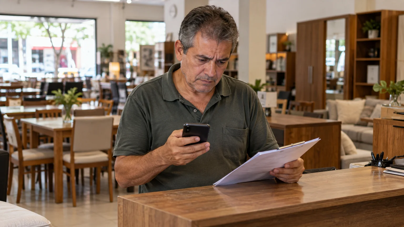 Homem com cabelo grisalho confere celular e papéis numa loja de móveis.