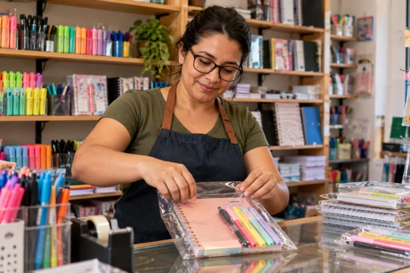 Mulher com óculos prepara produtos de papelaria sobre um balcão.