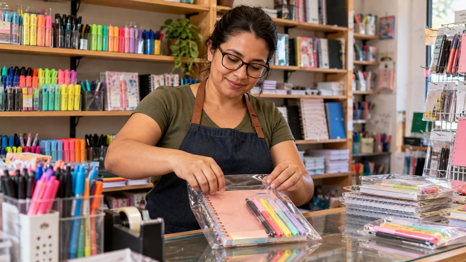 Mulher com óculos prepara produtos de papelaria sobre um balcão.