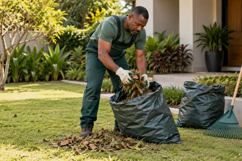 Homem com luvas e botas organiza sacos com resíduos de jardinagem num quintal.