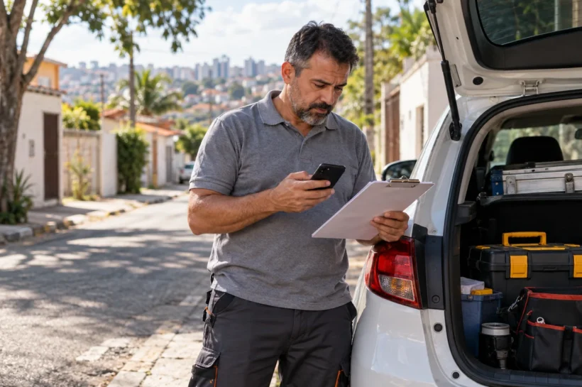 Homem com prancheta e celular organiza atendimentos junto a um carro estacionado.