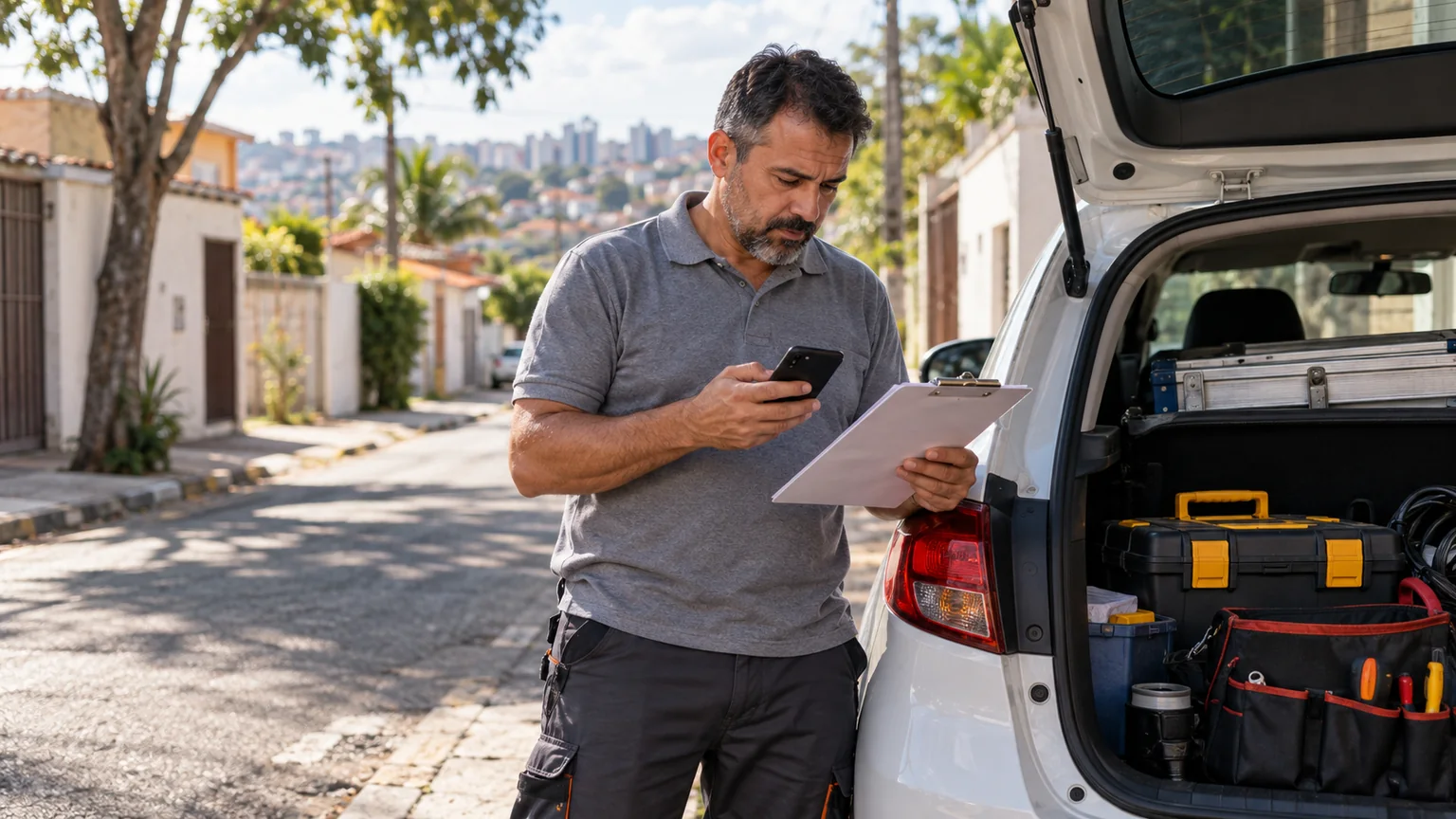 Homem com prancheta e celular organiza atendimentos junto a um carro estacionado.