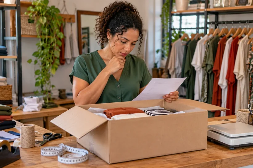 Mulher numa loja de roupas avalia uma encomenda sobre o balcão.