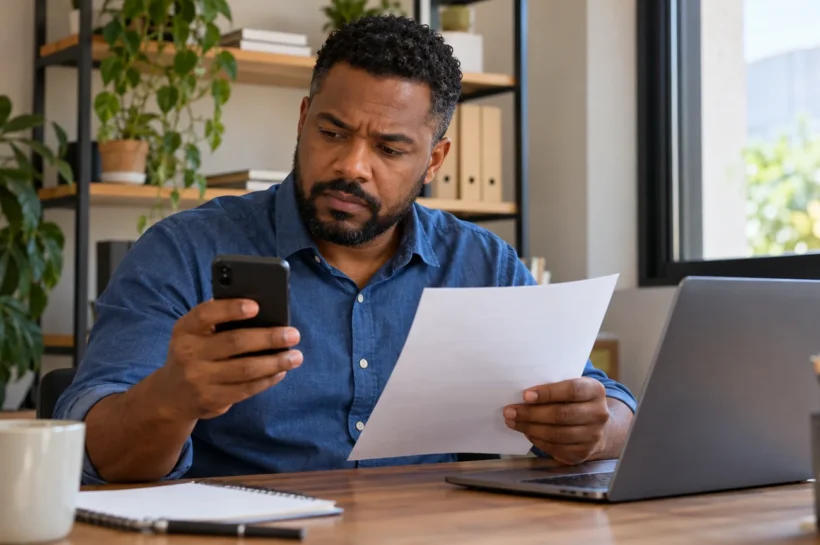 Homem com camisa azul observa o celular e uma folha num pequeno escritório.