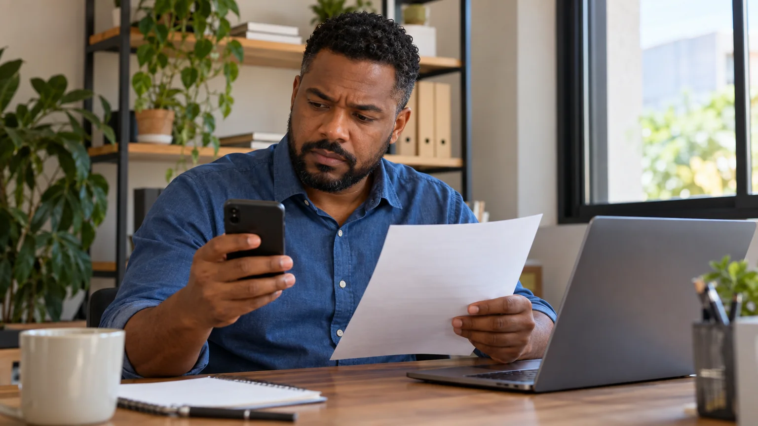 Homem com camisa azul observa o celular e uma folha num pequeno escritório.