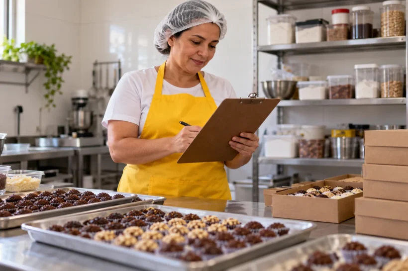 Mulher de touca e avental observa anotações ao lado de brigadeiros numa cozinha.