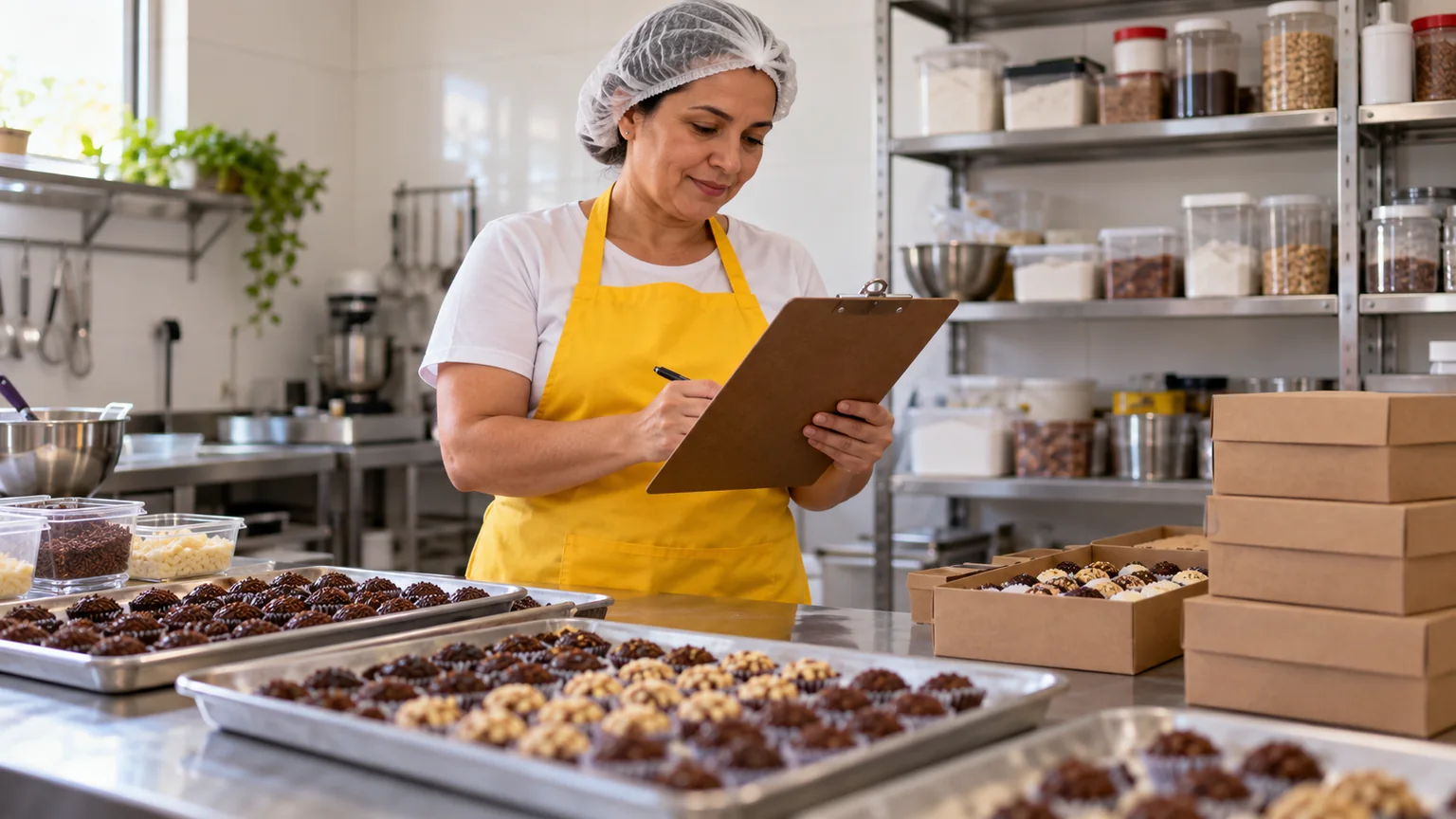 Mulher de touca e avental observa anotações ao lado de brigadeiros numa cozinha.