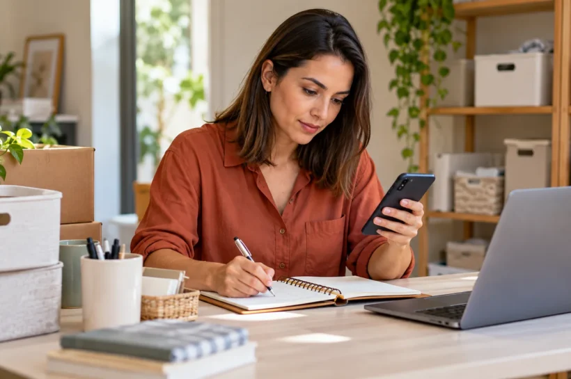 Mulher com celular anota informações numa mesa de trabalho.