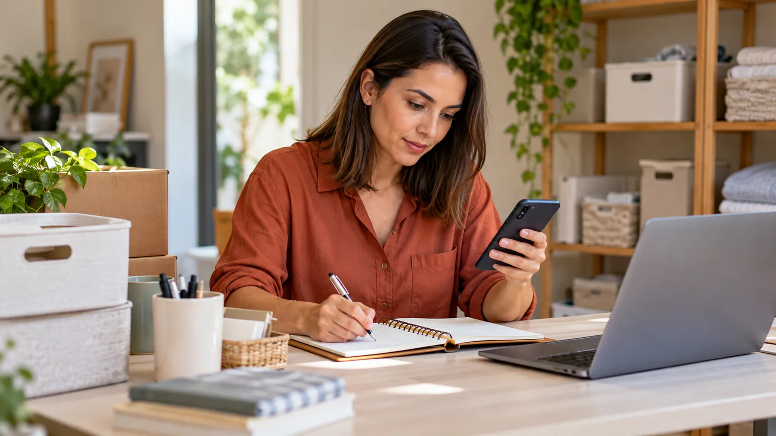 Mulher com celular anota informações numa mesa de trabalho.