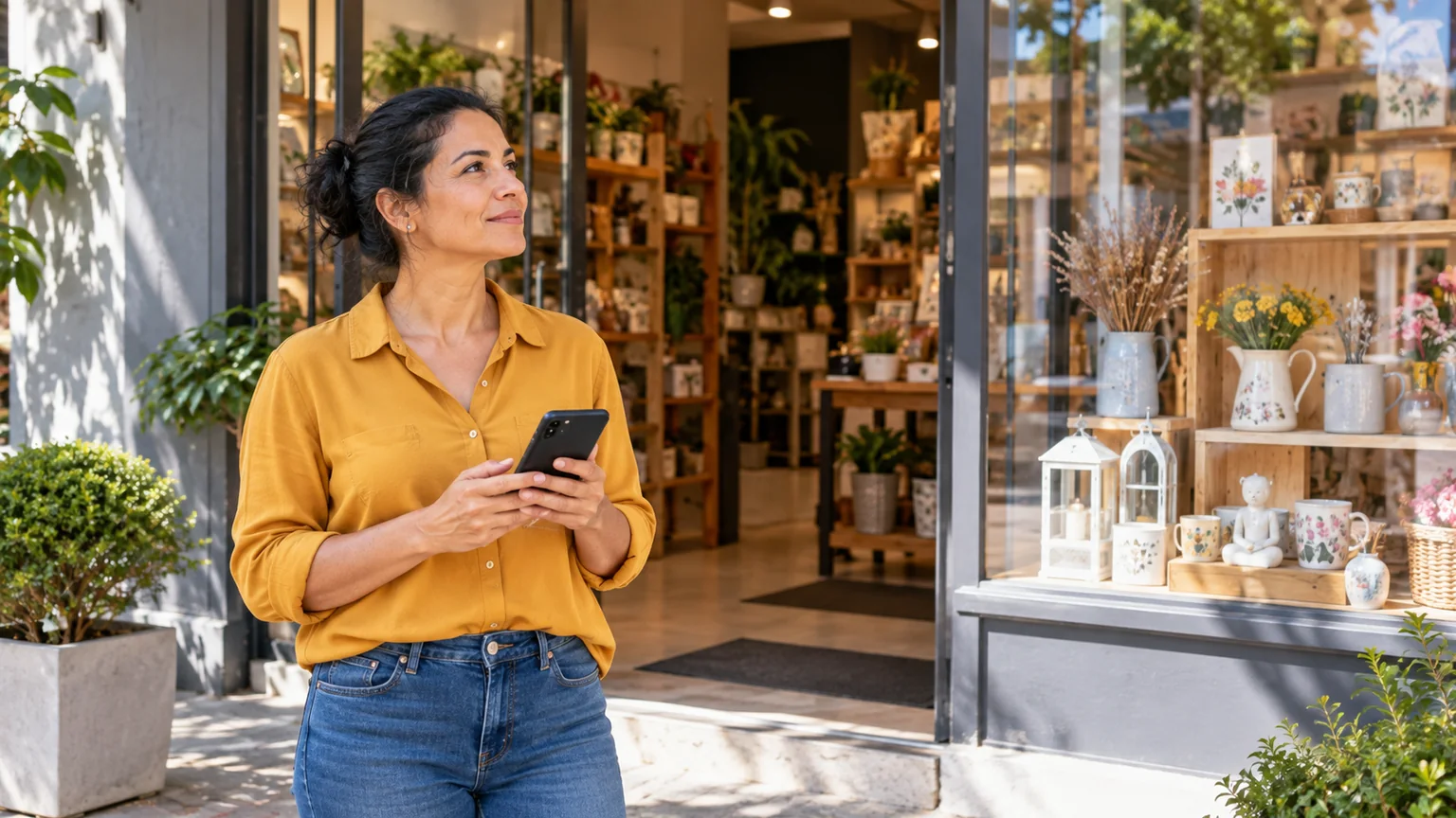Mulher com camisa mostarda segura o celular junto à fachada de uma pequena loja.