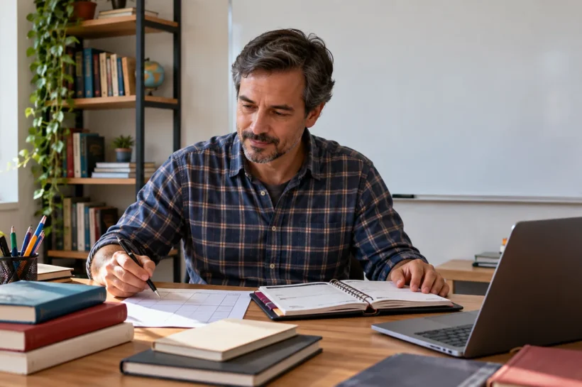 Homem com camisa xadrez observa uma agenda aberta ao lado de livros e computador.