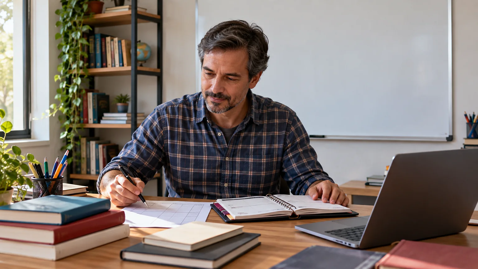 Homem com camisa xadrez observa uma agenda aberta ao lado de livros e computador.
