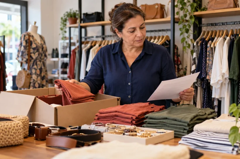 Mulher com camisa azul observa anotações ao lado de roupas dobradas numa loja.