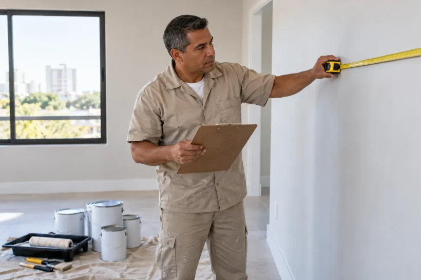 Homem com roupa de trabalho usa uma trena junto a uma parede numa sala.