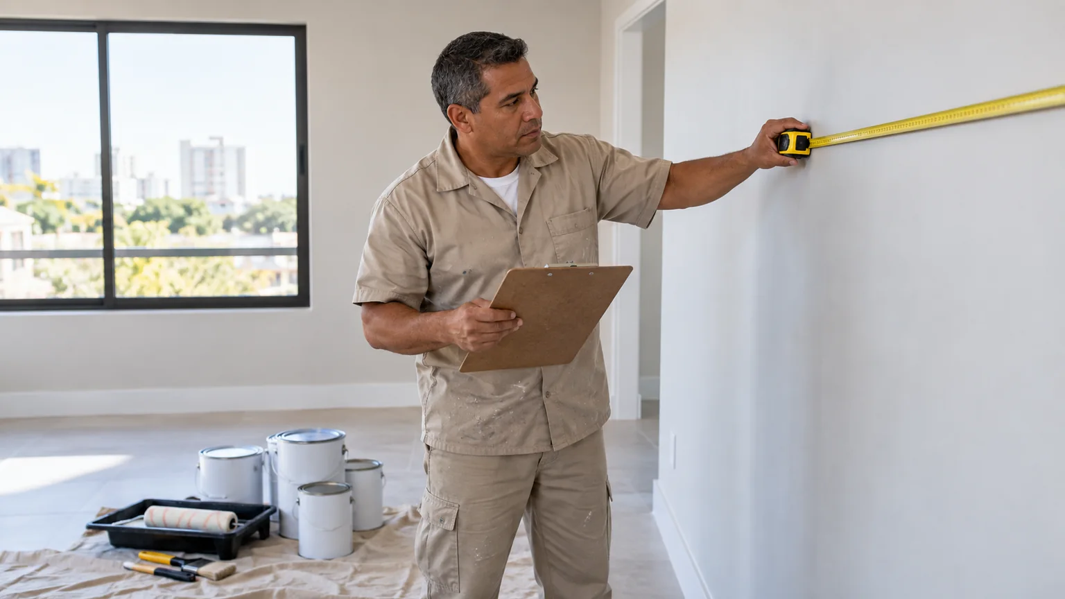 Homem com roupa de trabalho usa uma trena junto a uma parede numa sala.