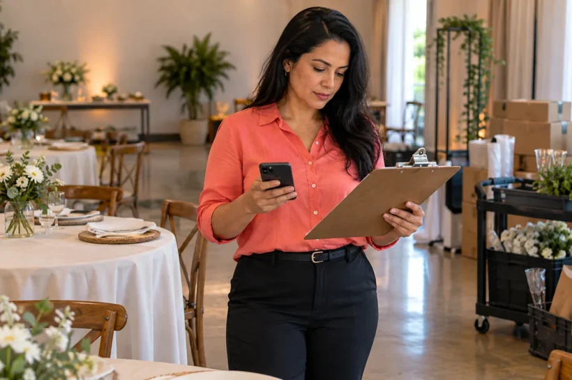 Mulher com prancheta e celular observa registros entre mesas de um salão.