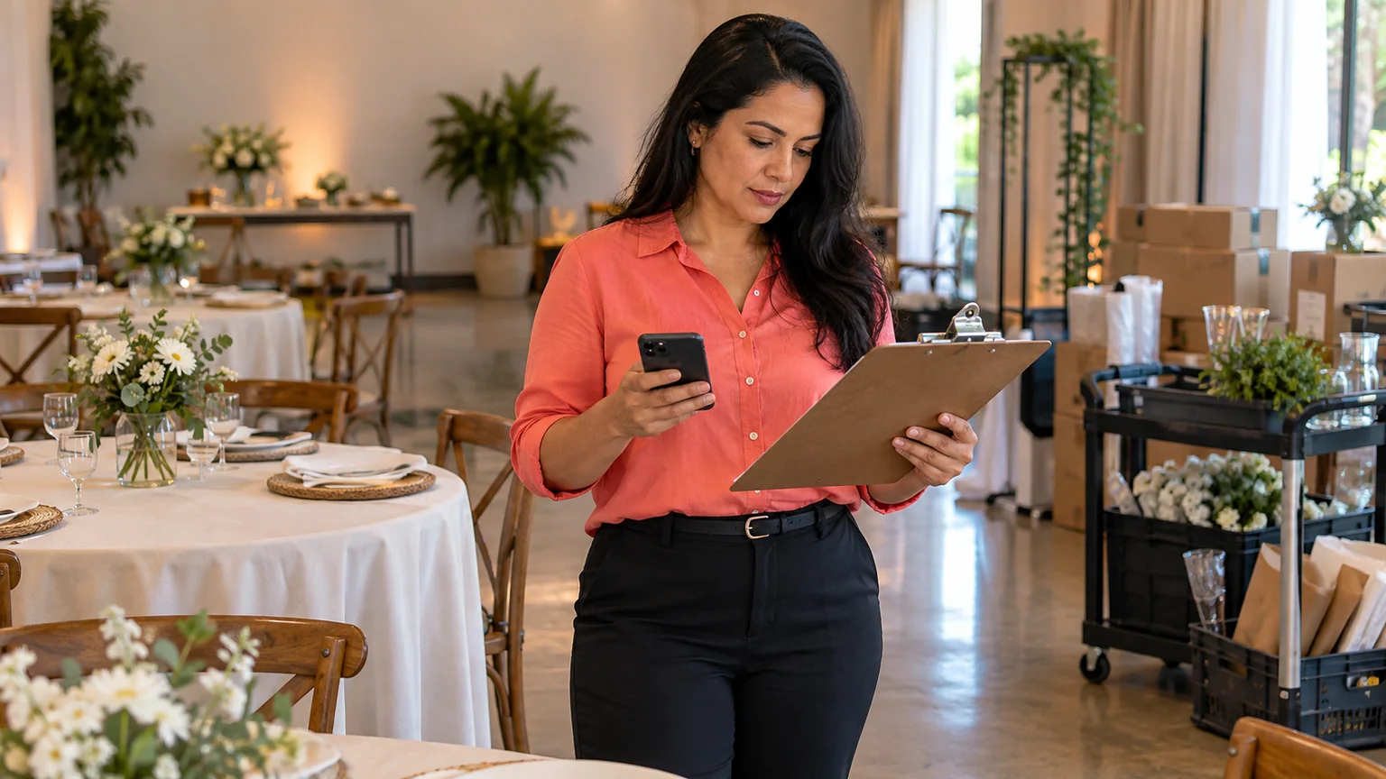Mulher com prancheta e celular observa registros entre mesas de um salão.